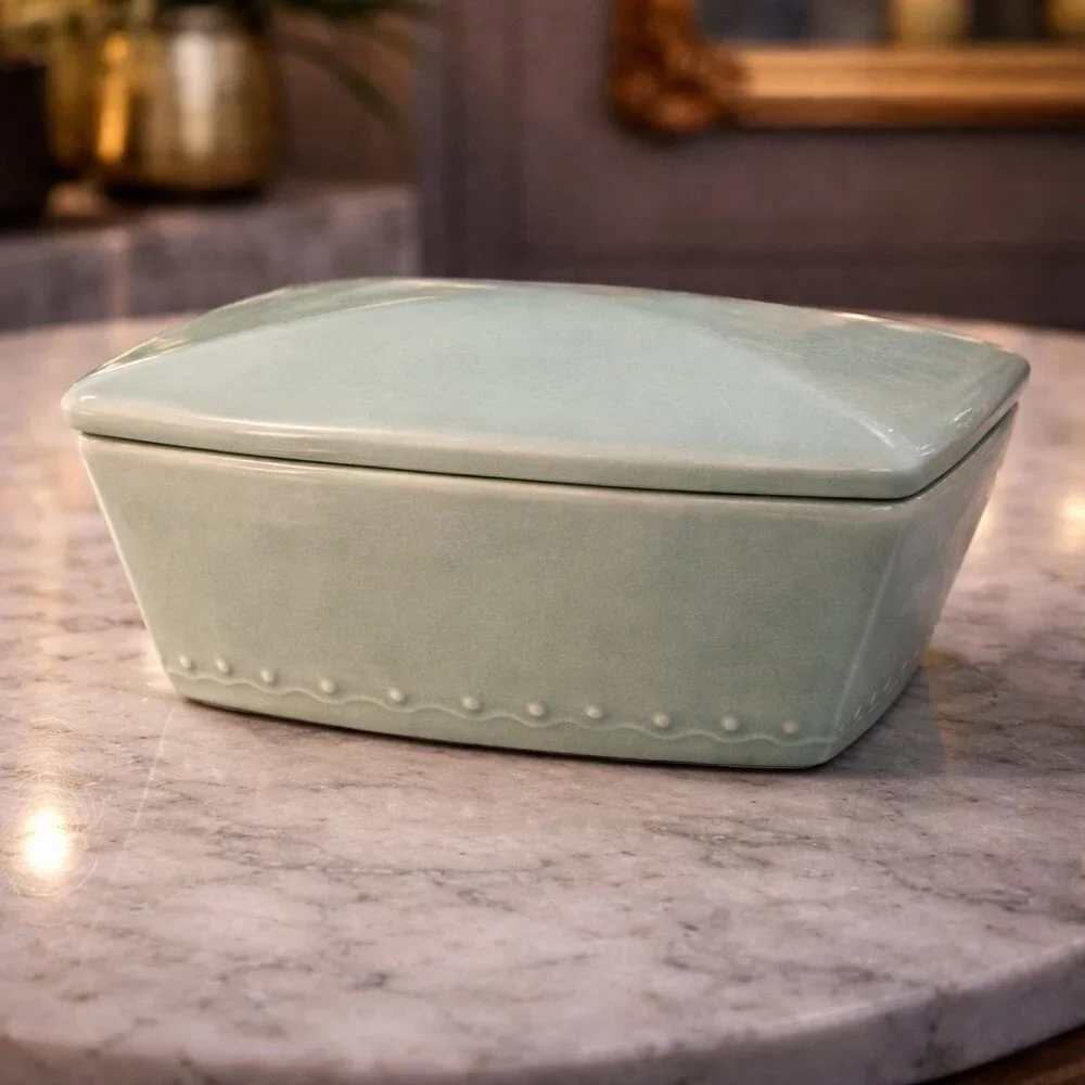 Vintage Pier 1 Celadon Crackle Glaze Ceramic Box w Lid NEW Decor